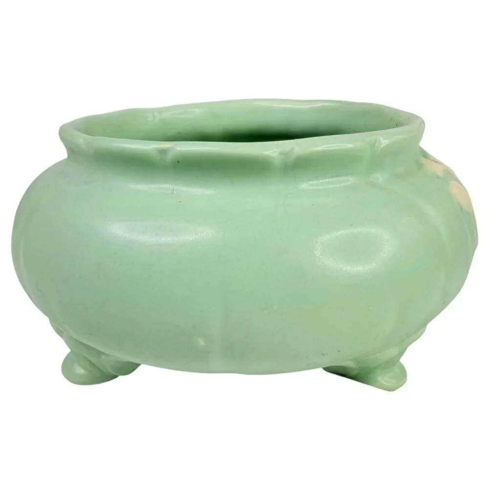 Vintage Weller Pottery Cameo Rose Green Bowl Planter Ceramic Footed White Floral - Picture 5 of 10